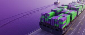 Realistic visual of global ocean freight logistics for CPG shipments, featuring smart containers on cargo ships with AI-powered real-time tracking across sea routes.