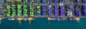 Realistic depiction of modern port operations in Saudi Arabia, featuring container terminals with AI-driven data overlays, smart cargo movement, and dynamic resource allocation.